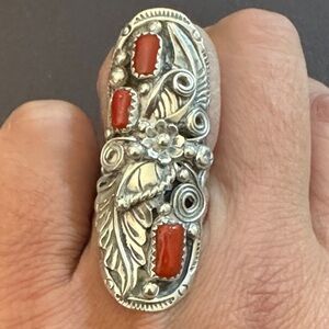 Navajo Silver and Coral Ornate Ring